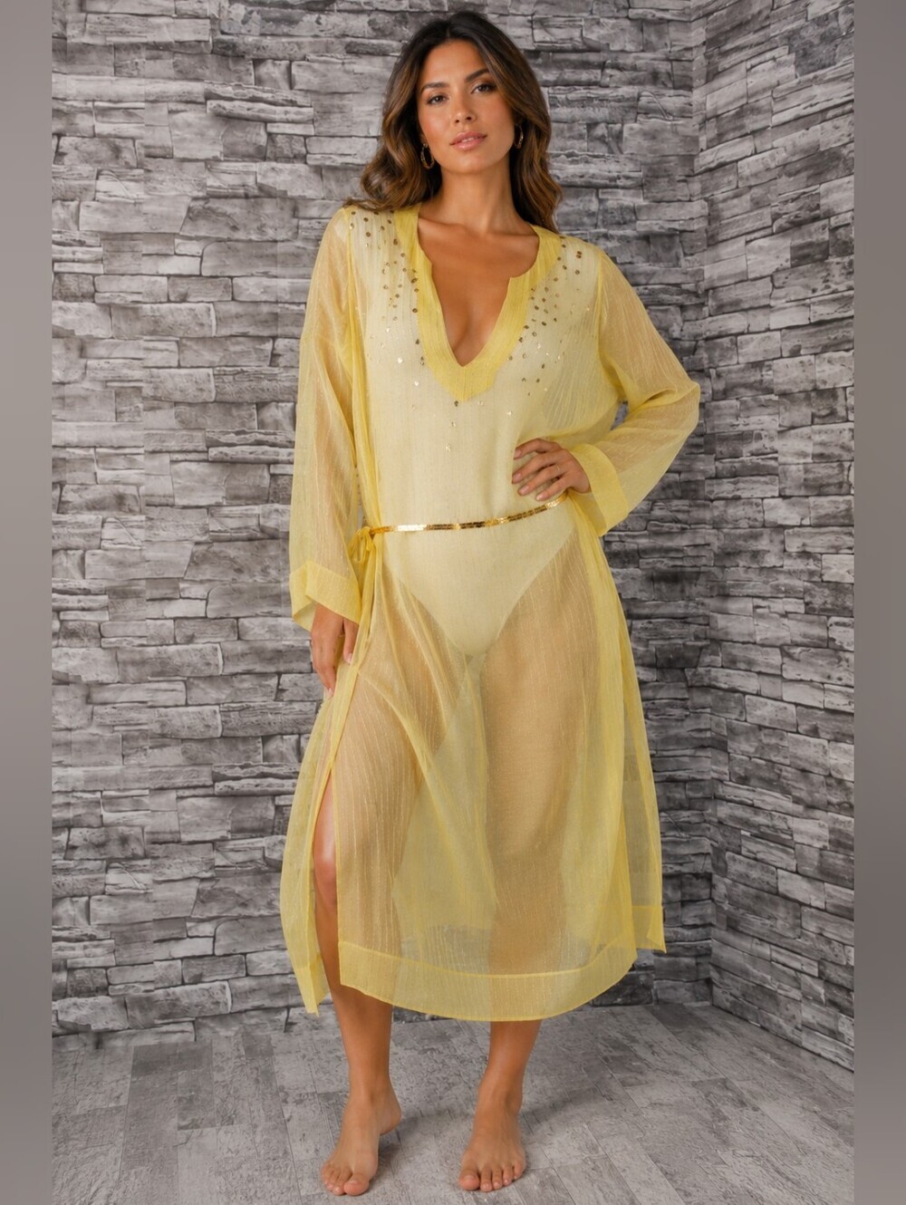 Twelfth Street Cynthia Vincent Sheer Yellow Long-Sleeve Sequin Beach Cover-Up M